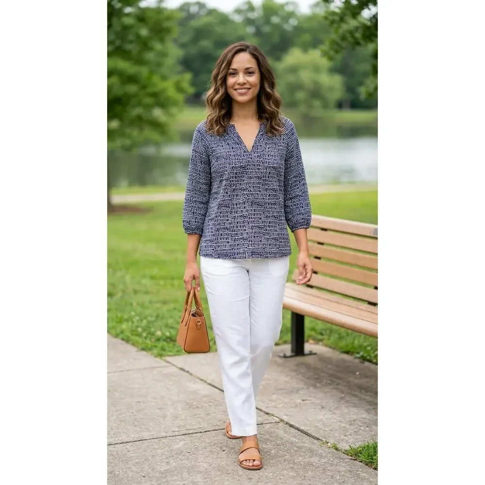 J.Crew Navy V-Neck Geometric Lightweight 3/4 Sleeve Blouse Women Size L